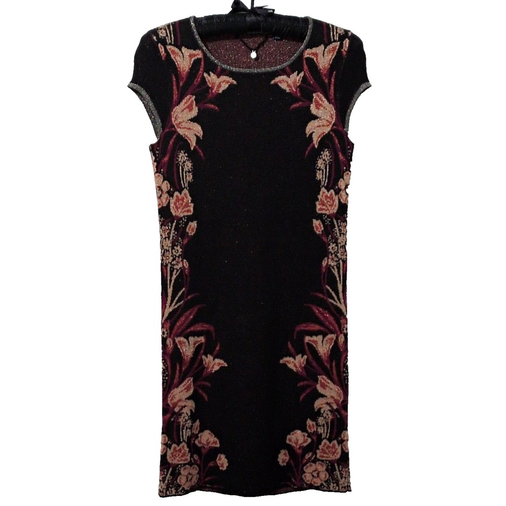 Knitted & Knotted Anthropologie Moretta Sweater Dress XSP Black Floral Sheath